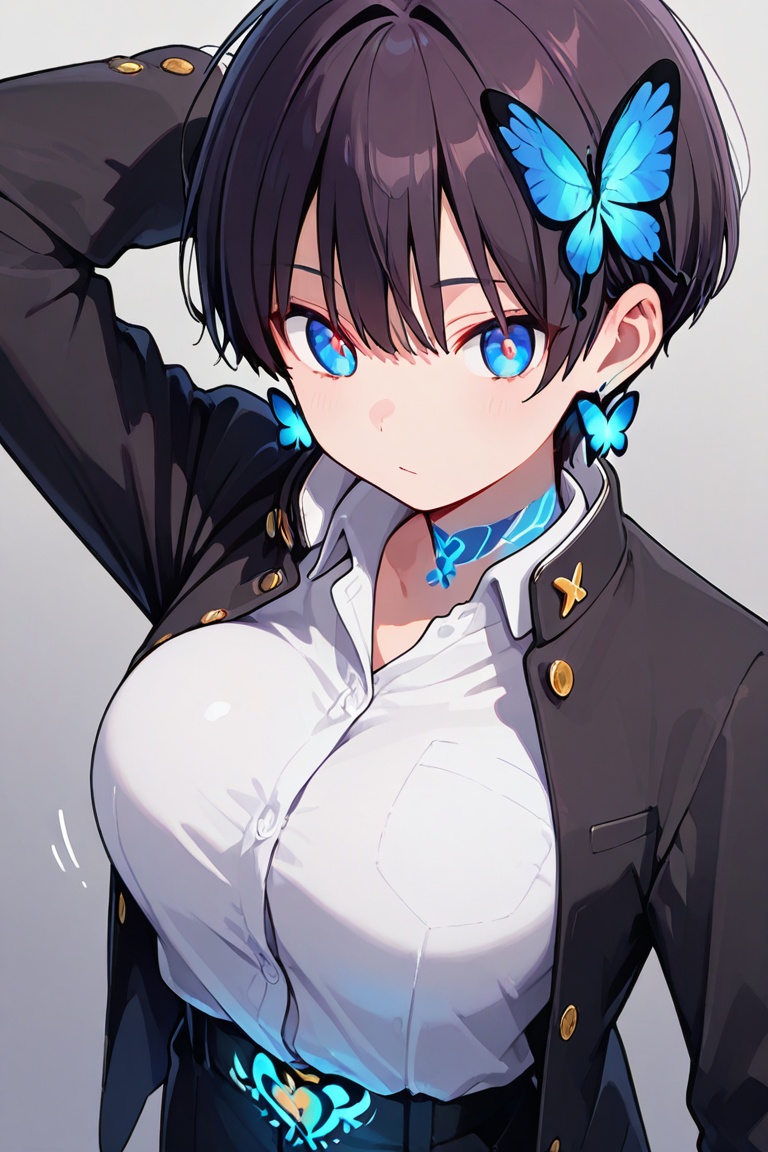 Kiyoka-chan,  blue glowing earrings,  tattoo on clothing boyish on Tensor.Art