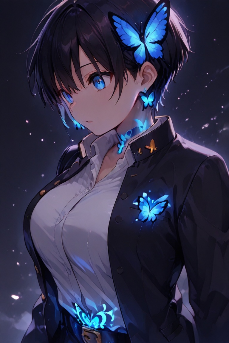 Kiyoka-chan,  blue glowing earrings,  tattoo on clothing boyish on Tensor.Art