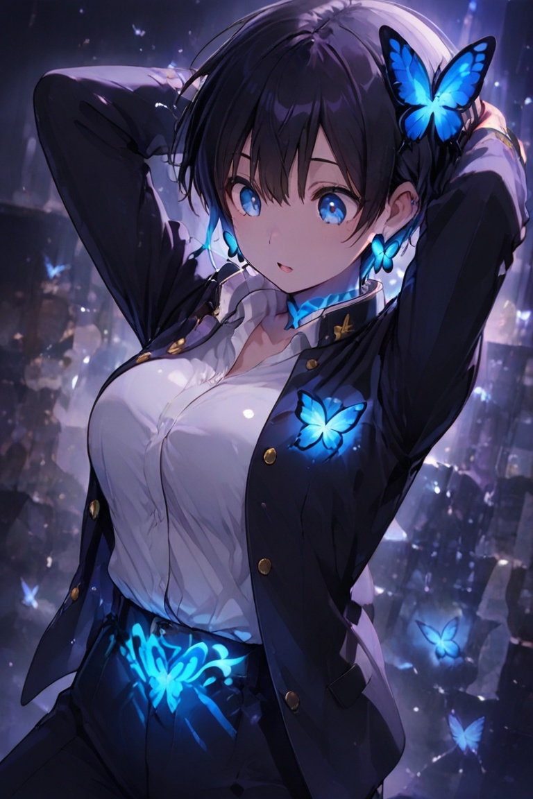 Kiyoka-chan,  blue glowing earrings,  tattoo on clothing boyish on Tensor.Art