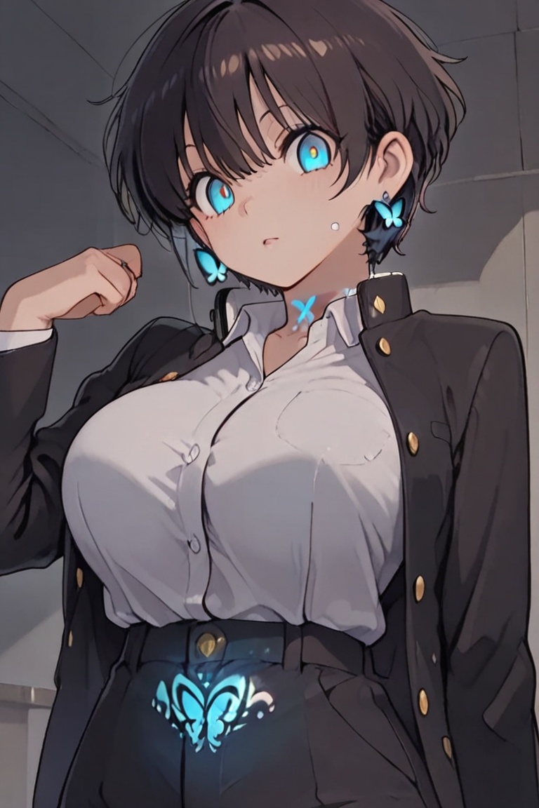 Kiyoka-chan,  blue glowing earrings,  tattoo on clothing boyish on Tensor.Art