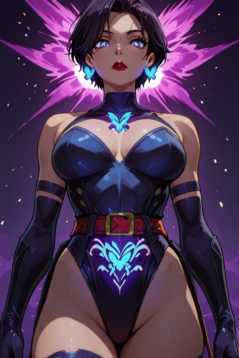 (Kiyoka-chan,  blue glowing earrings,  tattoo on clothing) Leotard Knight on Tensor.Art