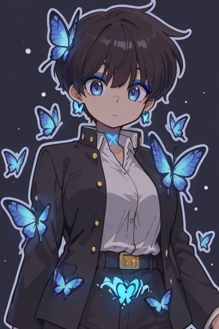 Kiyoka-chan,  blue glowing earrings,  tattoo on clothing boyish on Tensor.Art