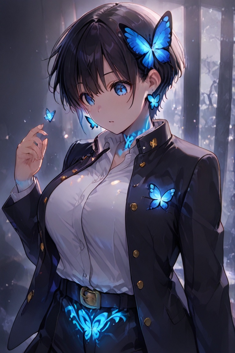 Kiyoka-chan,  blue glowing earrings,  tattoo on clothing boyish on Tensor.Art