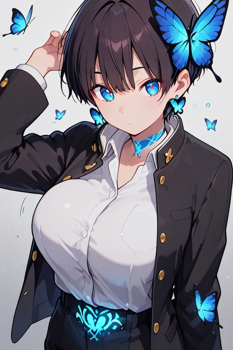 Kiyoka-chan,  blue glowing earrings,  tattoo on clothing boyish on Tensor.Art
