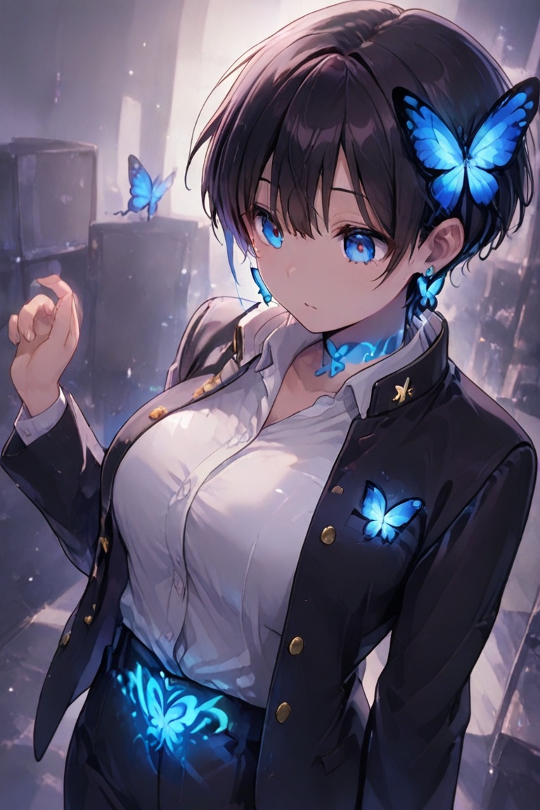 Kiyoka-chan,  blue glowing earrings,  tattoo on clothing boyish on Tensor.Art