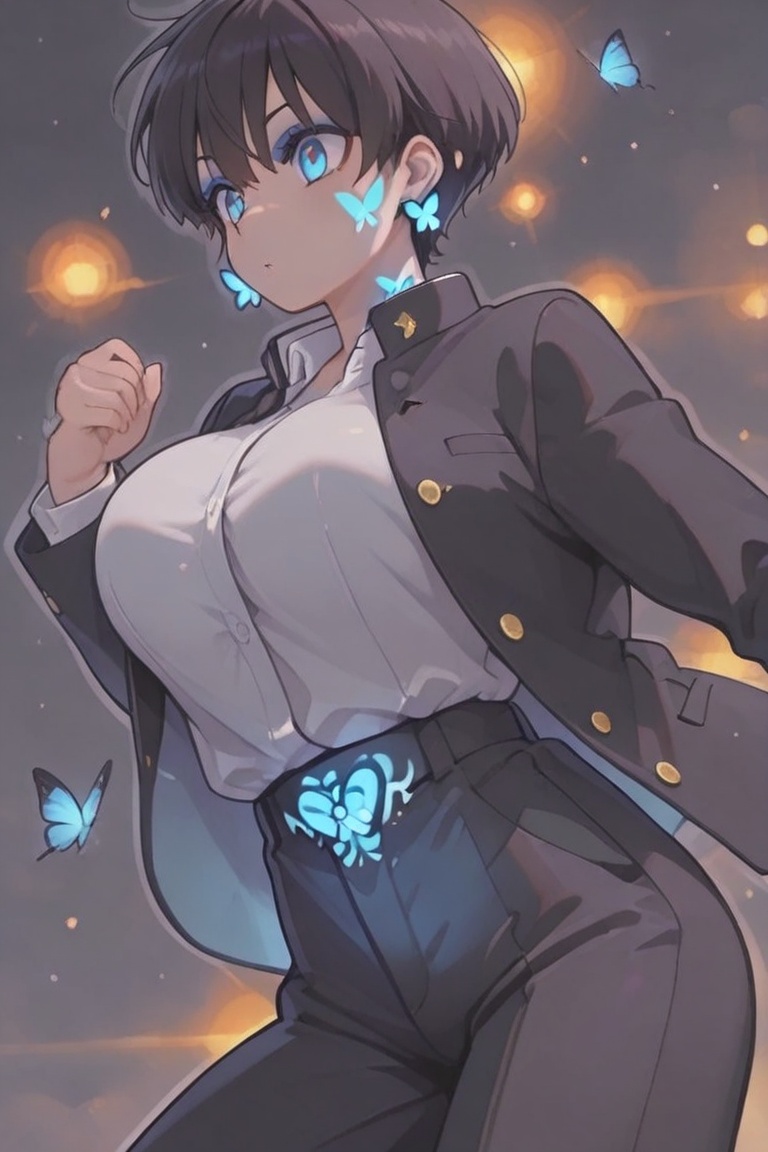 Kiyoka-chan,  blue glowing earrings,  tattoo on clothing boyish on Tensor.Art
