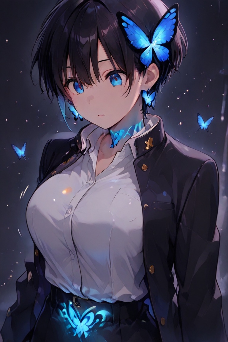Kiyoka-chan,  blue glowing earrings,  tattoo on clothing boyish on Tensor.Art