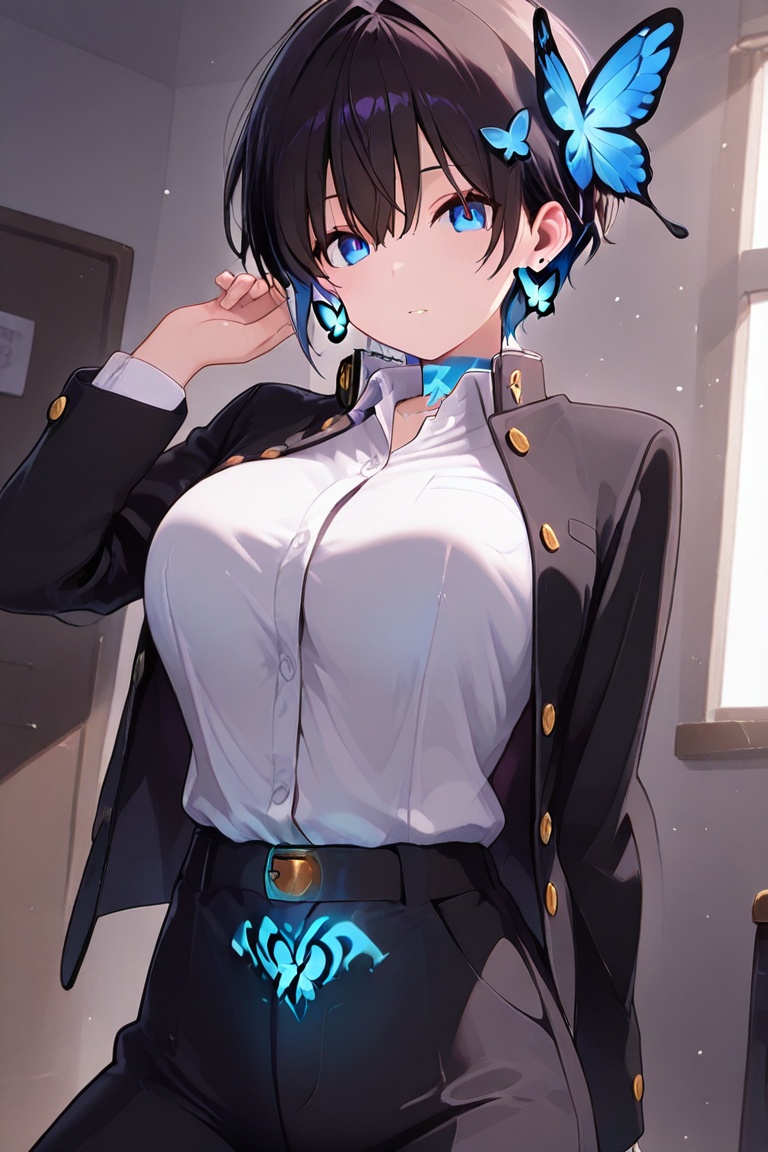Kiyoka-chan,  blue glowing earrings,  tattoo on clothing boyish on Tensor.Art