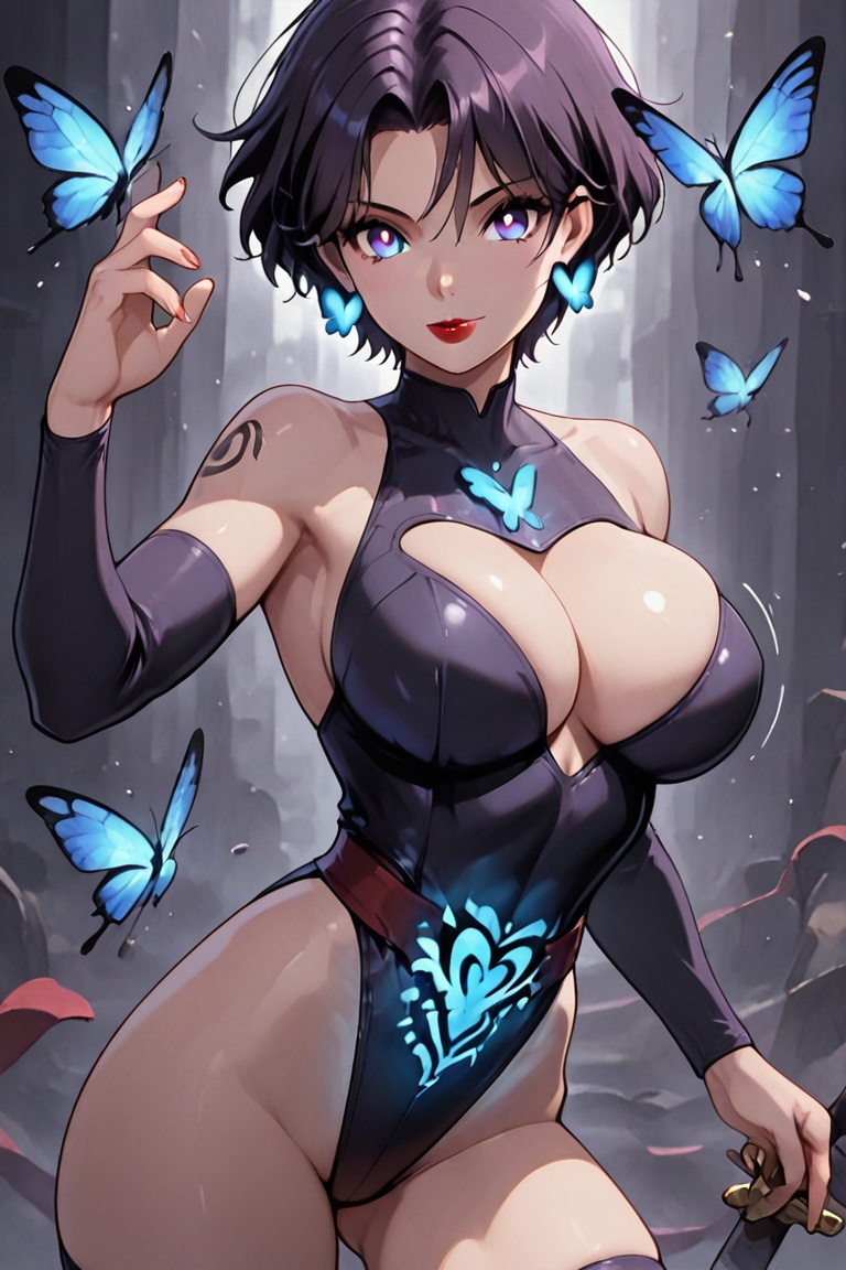 (Kiyoka-chan,  blue glowing earrings,  tattoo on clothing) Leotard Knight on Tensor.Art