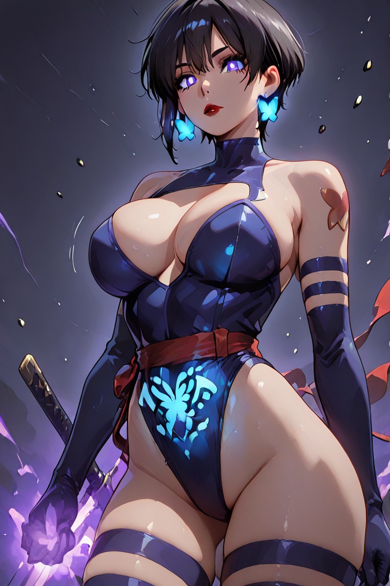 (Kiyoka-chan,  blue glowing earrings,  tattoo on clothing) Leotard Knight on Tensor.Art