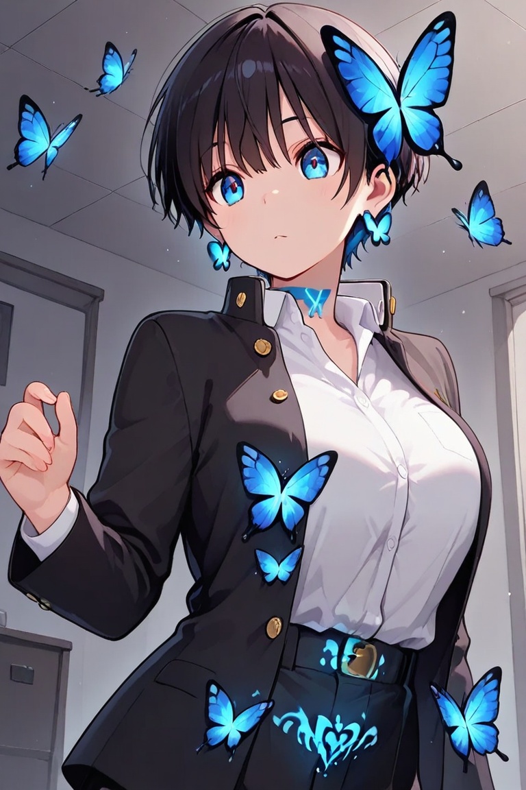 Kiyoka-chan,  blue glowing earrings,  tattoo on clothing boyish on Tensor.Art