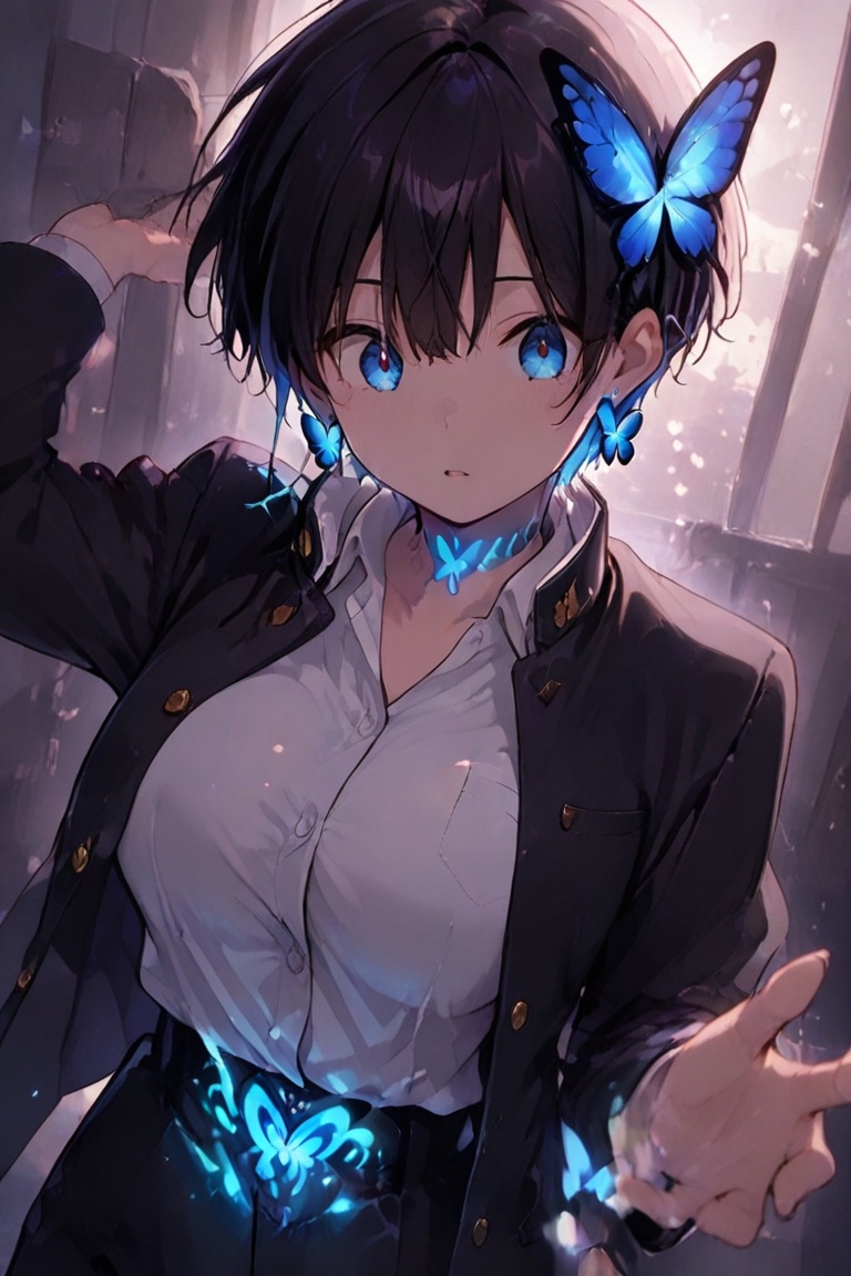 Kiyoka-chan,  blue glowing earrings,  tattoo on clothing boyish on Tensor.Art