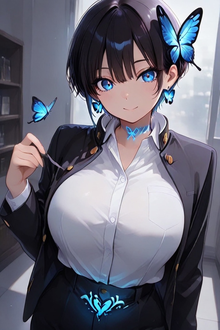 Kiyoka-chan,  blue glowing earrings,  tattoo on clothing boyish on Tensor.Art