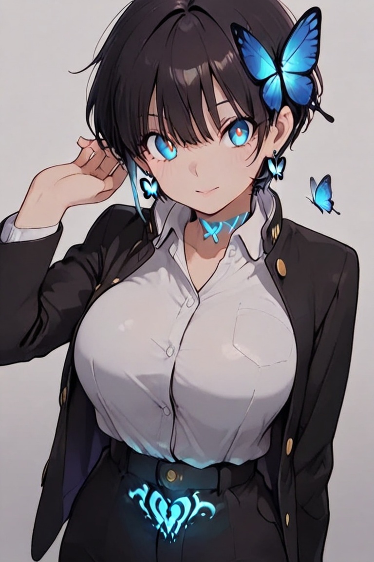 Kiyoka-chan,  blue glowing earrings,  tattoo on clothing boyish on Tensor.Art