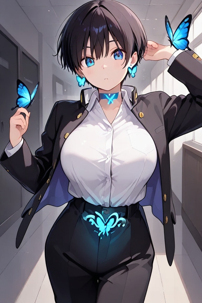 Kiyoka-chan,  blue glowing earrings,  tattoo on clothing boyish on Tensor.Art