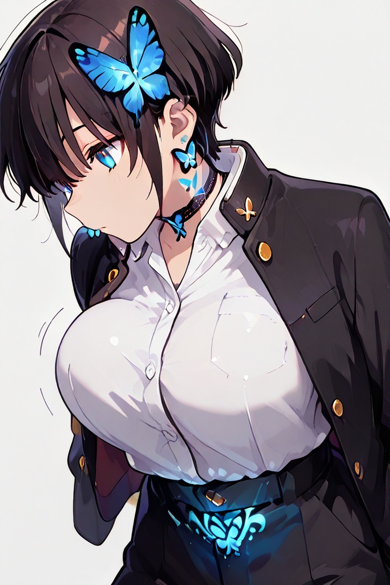Kiyoka-chan,  blue glowing earrings,  tattoo on clothing boyish on Tensor.Art