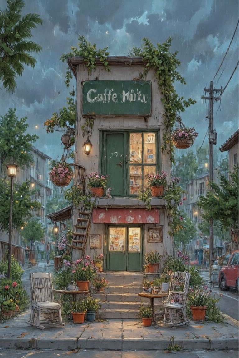 The image depicts a charming,  two-story building with a staircase leading up to a green door. The building is adorned wit...