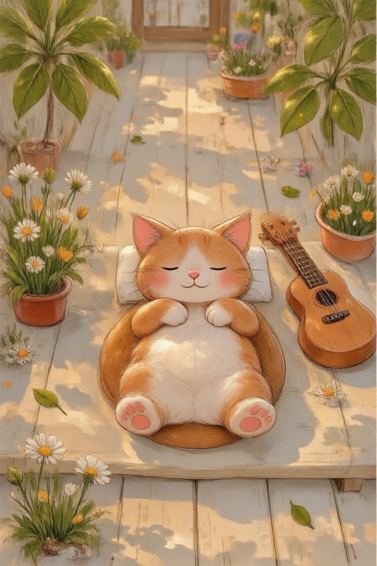 A top-down view of a cozy outdoor scene in an anime-inspired style,  featuring a chubby cat sleeping peacefully on a sunli...