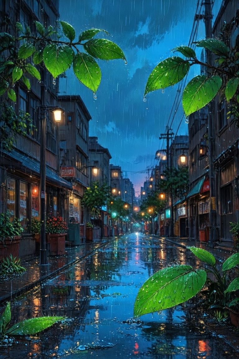 The image depicts a serene,  rain-soaked urban scene at dusk or dawn. The street is wet,  reflecting the colorful lights f...