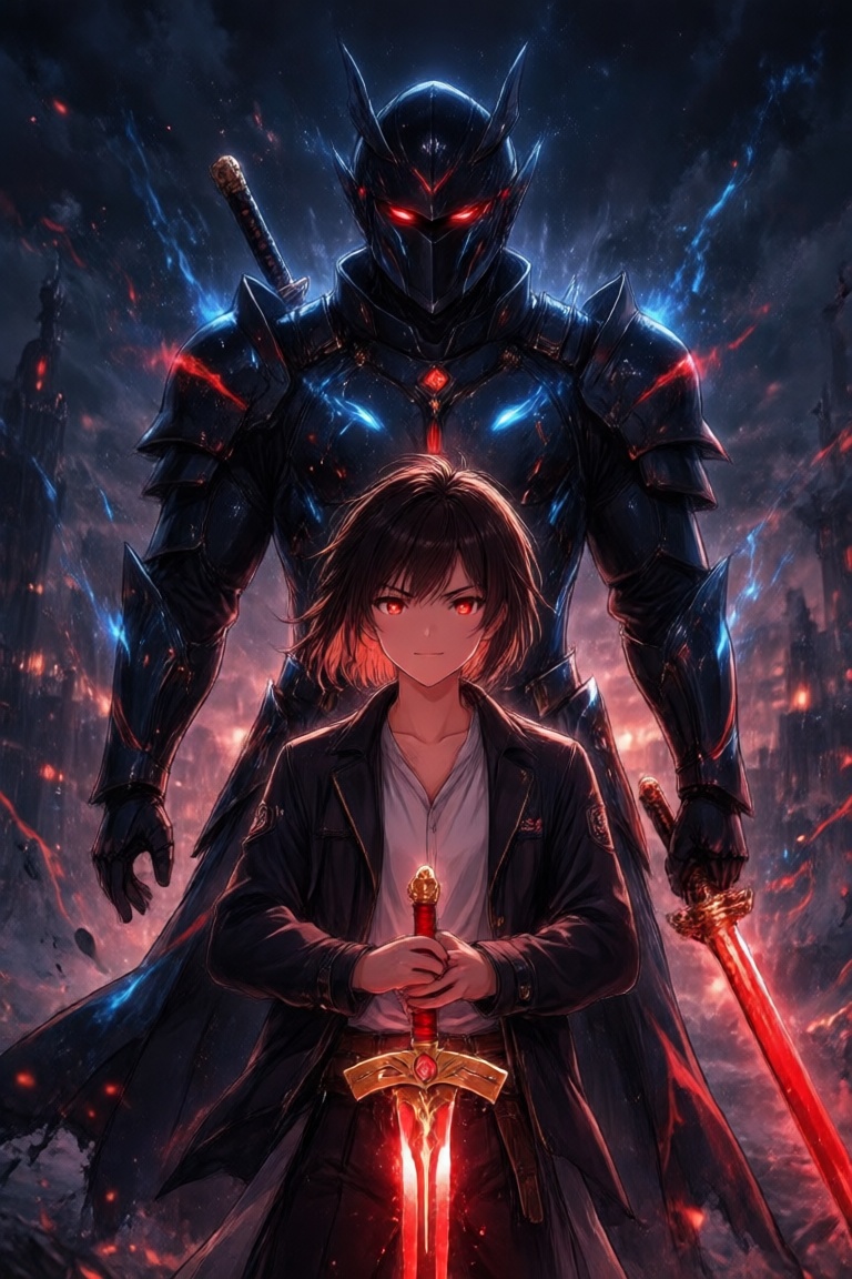 Sun jing woo,  The image depicts a young person standing confidently in the foreground,  holding a glowing red sword with...