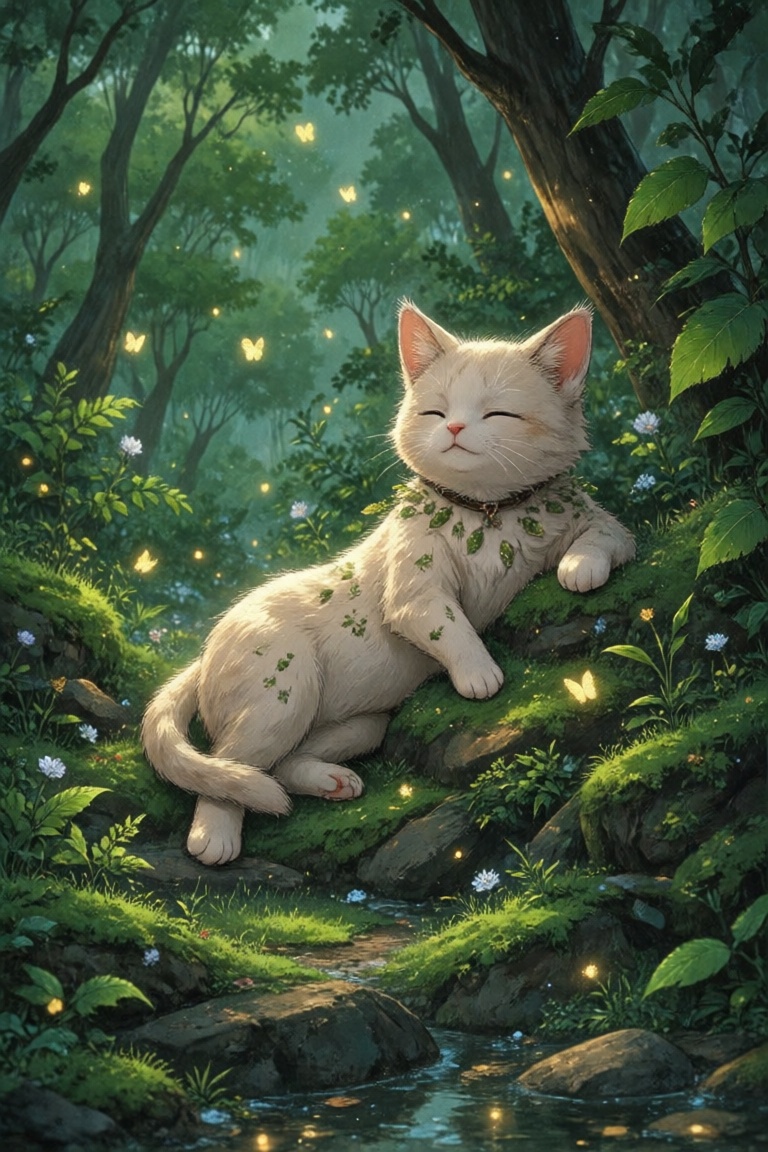 A serene,  glowing cat resting amidst lush greenery. A pale,  light-cream colored cat on Tensor.Art