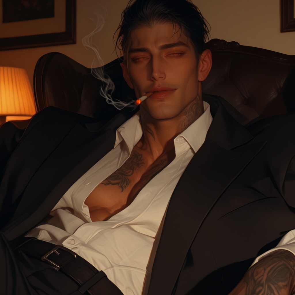 A semi-realistic artwork of a handsome middle-aged man sitting alone in a dimly lit room after midnight,  cigarette smoke...