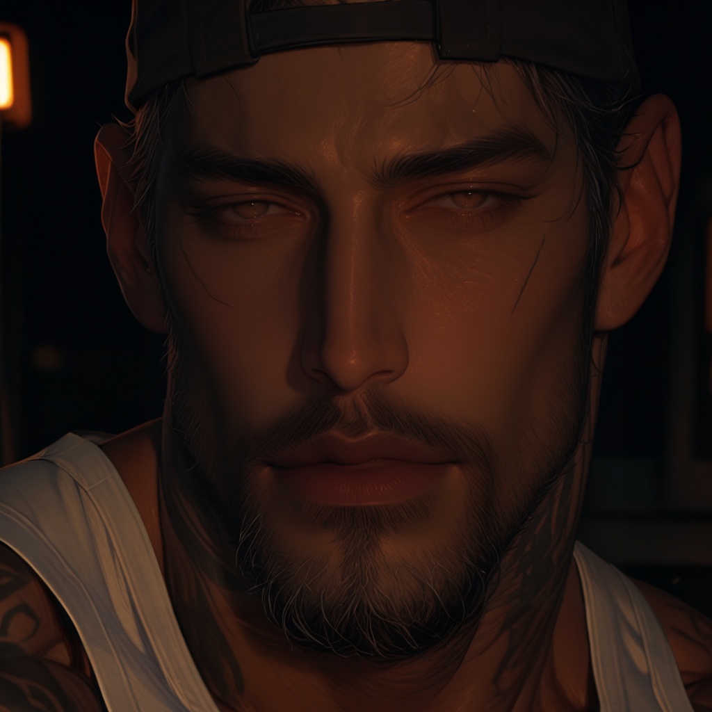 A semi-realistic artwork of a rugged handsome mature middle-aged man with a calm and masculine presence,  shown in a close...