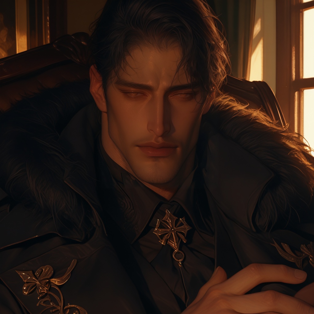 A semi-realistic artwork of a mature handsome middle-aged nobleman sitting quietly near a tall window during late afternoo...