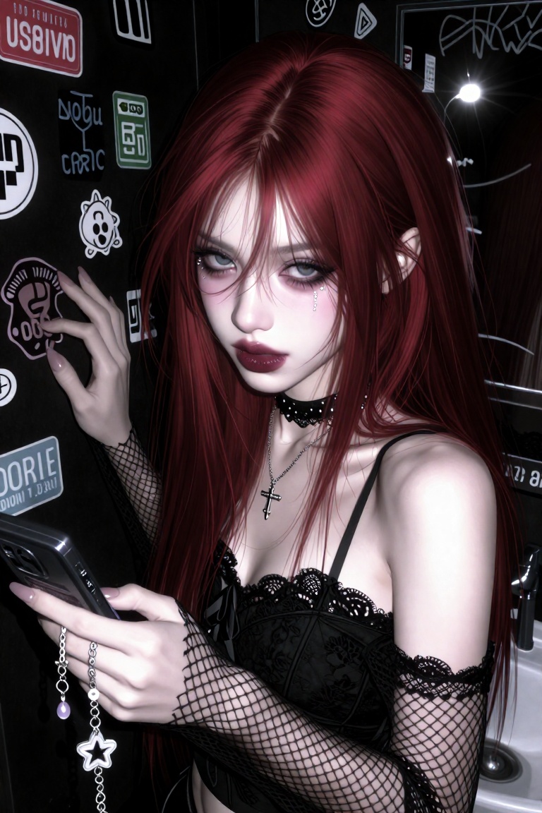 A sharp flash-photography close-up portrait of a girl with vivid cherry-red hair and thin brows,  looking directly at the...