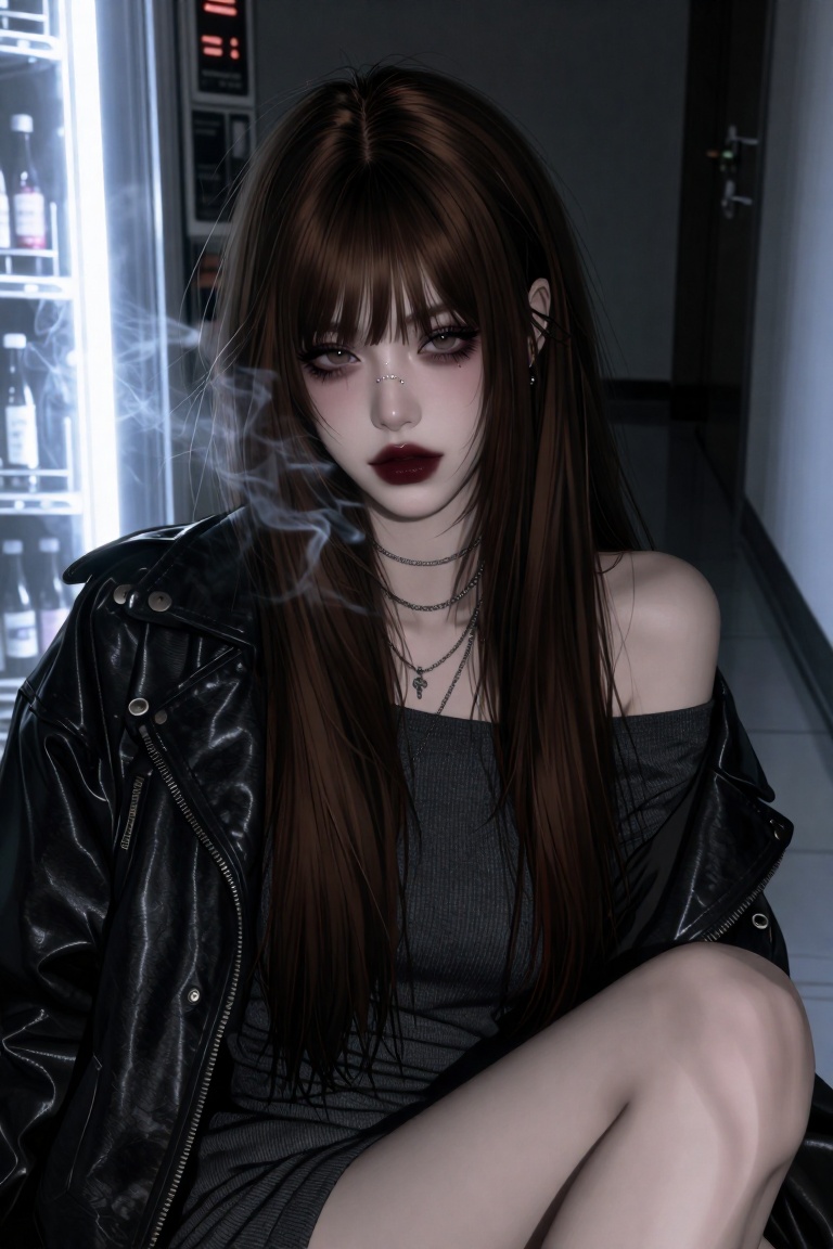 A dramatic close-up portrait of a girl with long espresso-brown hair and messy side bangs,  looking directly at the viewer...