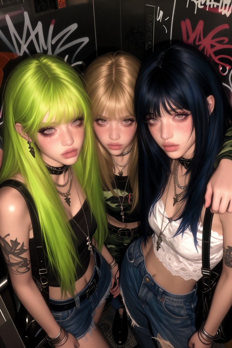 Three girls huddled together in a cramped elevator covered in graffiti,  dramatic flash lighting,  one with neon green hai...