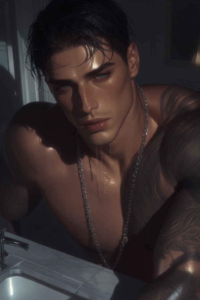 Close-up shot,  eye contact with camera,  shirtless tattooed man sitting on a marble bathroom counter with wet hair and wa...