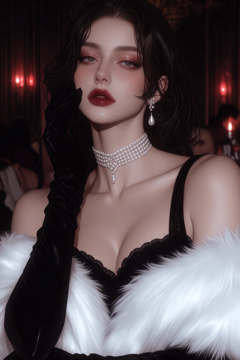 Close-up portrait of a woman,  sharp features and dark bob hair,  wearing a black strapless dress on Tensor.Art