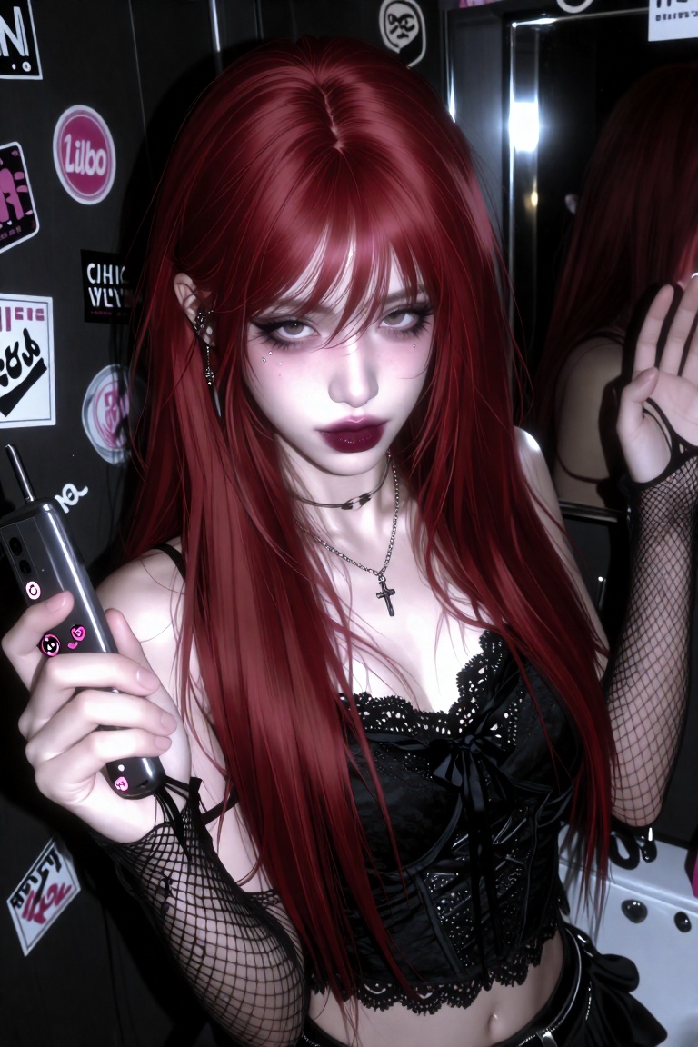 A sharp flash-photography close-up portrait of a girl with vivid cherry-red hair and thin brows,  looking directly at the...