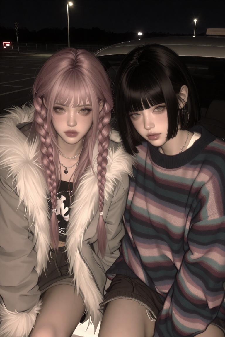 Two best friends sitting on the hood of a car in an empty parking lot at night,  one girl with pastel pink twin braids and...