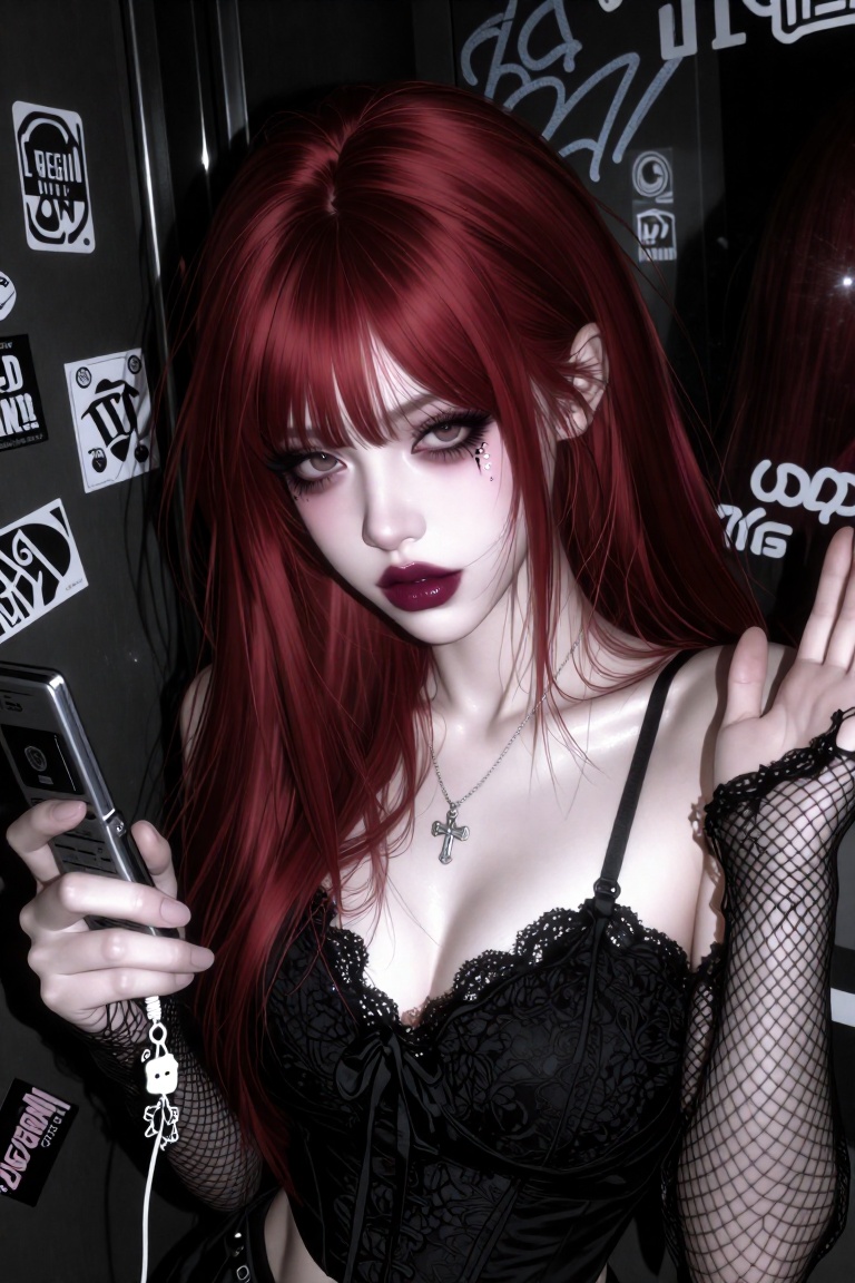 A sharp flash-photography close-up portrait of a girl with vivid cherry-red hair and thin brows,  looking directly at the...