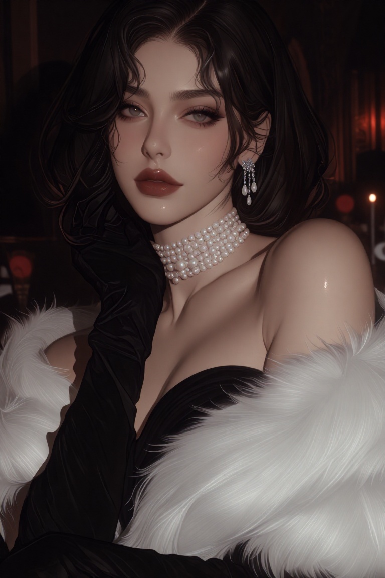Close-up portrait of a woman,  sharp features and dark bob hair,  wearing a black strapless dress on Tensor.Art