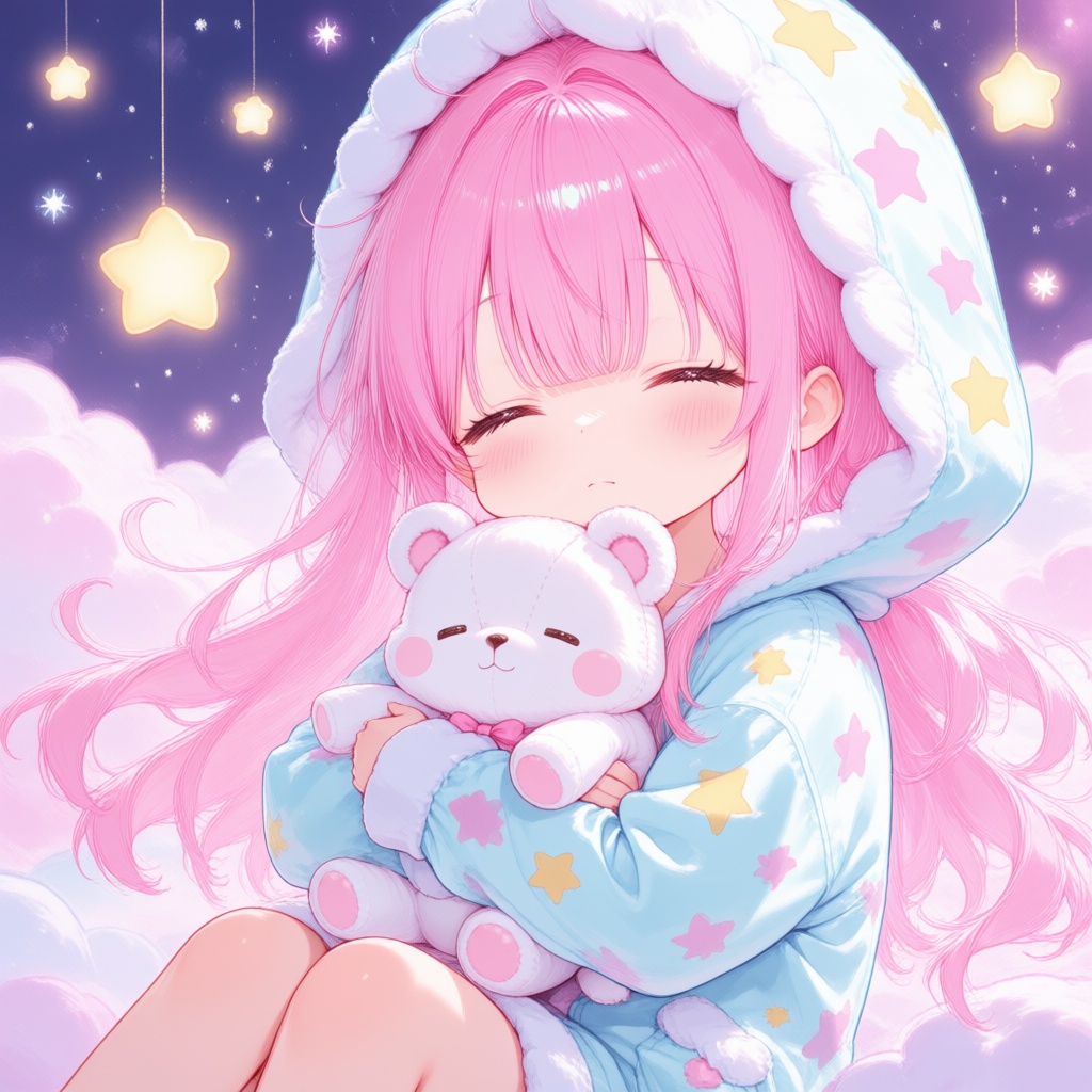 1girl,  close-up,  wearing oversized fluffy star-patterned pajamas on Tensor.Art