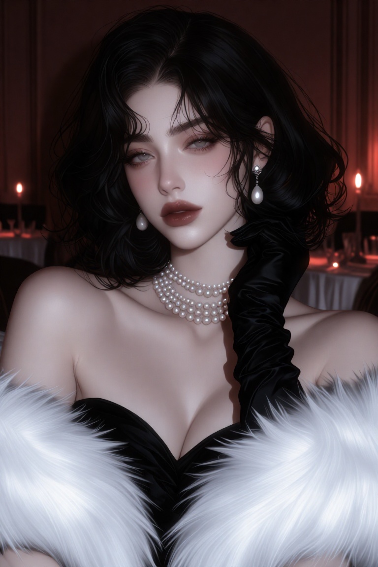 Close-up portrait of a woman,  sharp features and dark bob hair,  wearing a black strapless dress on Tensor.Art