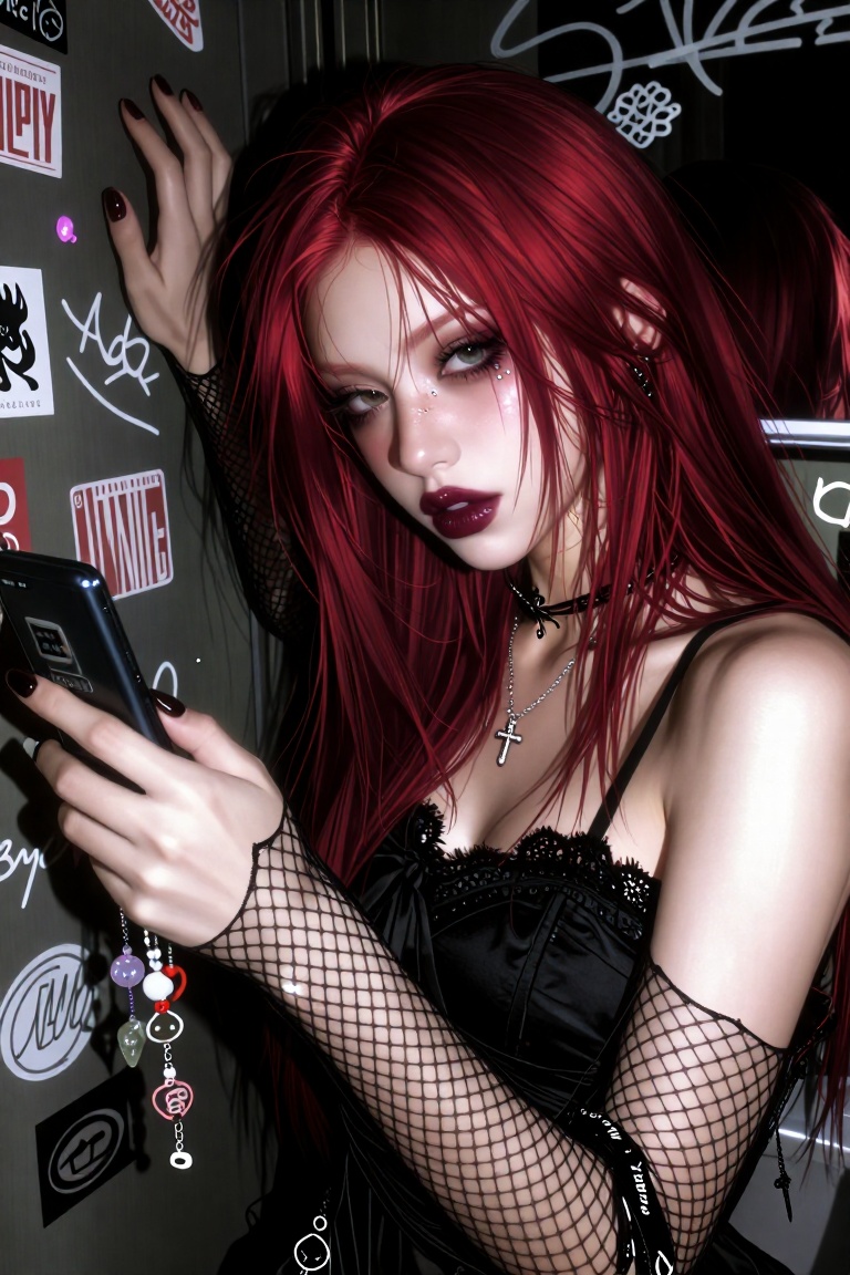 A sharp flash-photography close-up portrait of a girl with vivid cherry-red hair and thin brows,  looking directly at the...