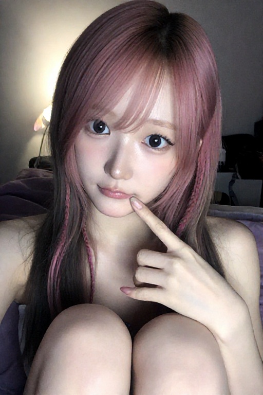 A closeup of a 1girl sitting in a dark room,  her upper body visible. She has pink streaked hair and an aegyo (sweet and i...