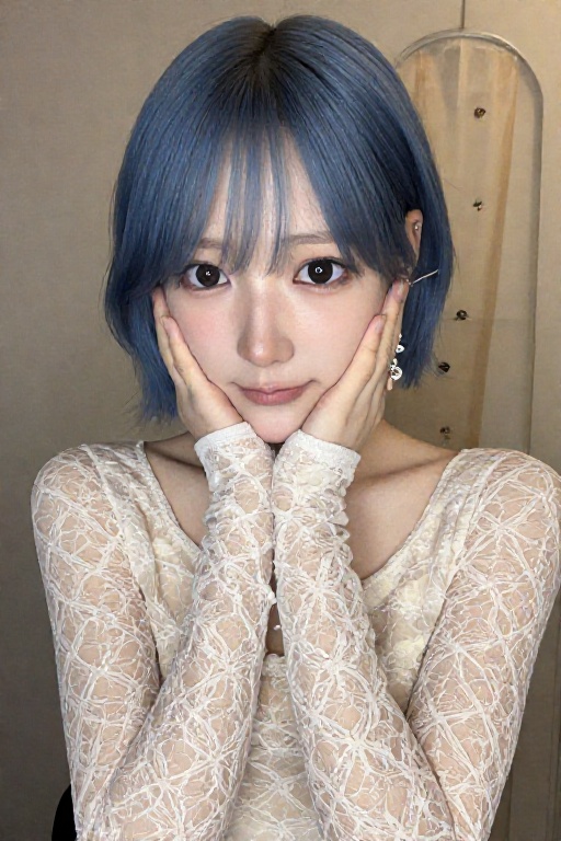 Create a realistic image of a 1girl who is solo,  looking directly at the viewer. She has short,  blue hair and brown eyes...