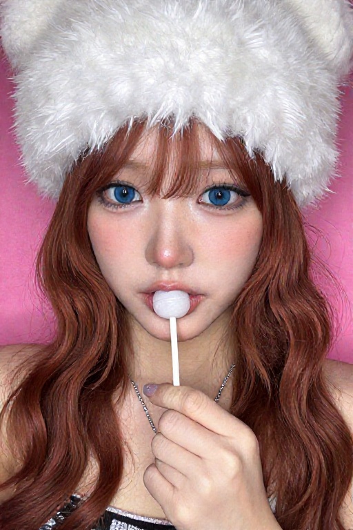 The image features a person with long,  wavy,  reddish-brown hair wearing a white furry hat. They have striking blue eyes...