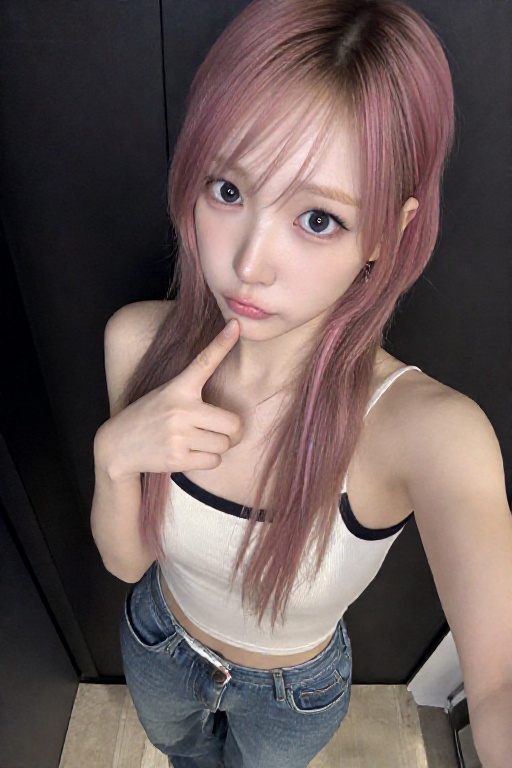 Create a selfie of a 1girl with a playful aegyo expression,  pink streaked hair,  and a finger on her lip. She is wearing...