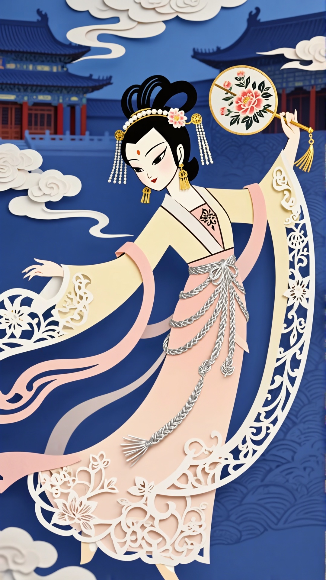 一位中国传统剪纸风格的飞天仕女,  头部与肢体以镂空拼接工艺塑造,  轮廓线条锐利分明。瓜子脸微侧 by 一起旅行 on Tensor.Art