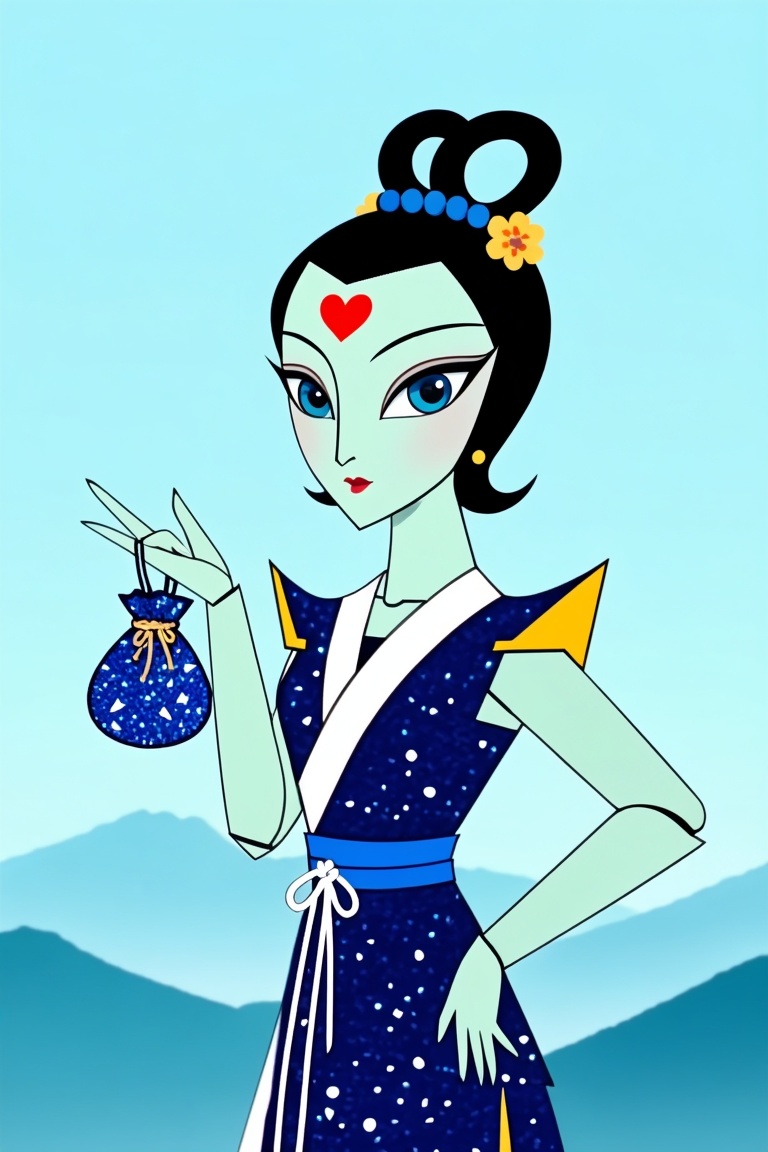 中国传统剪纸艺术风格的女性,  面部瘦削呈尖下巴,  淡绿色皮肤 by 一起旅行 on Tensor.Art