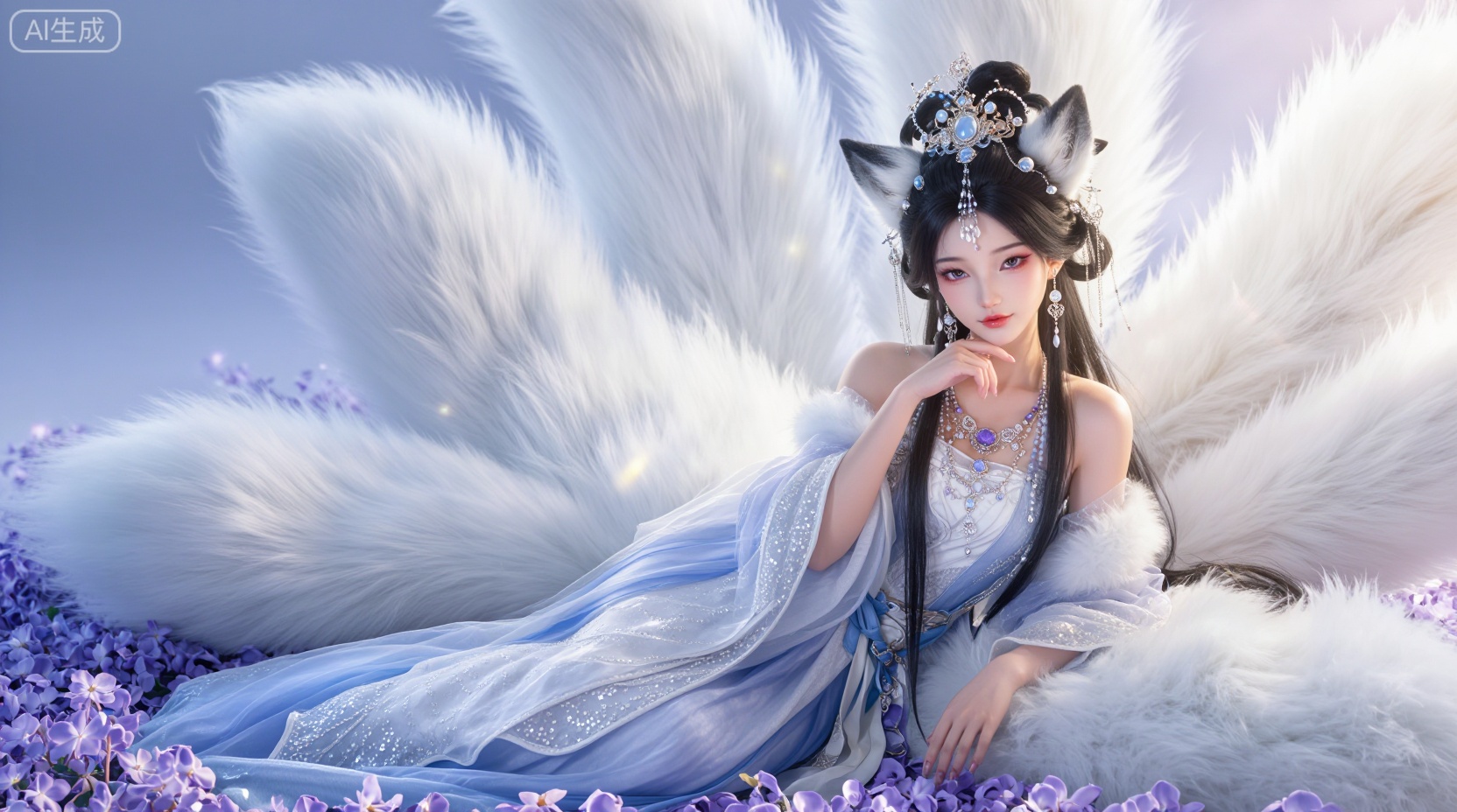 A beautiful and charming fox fairy,  with long black hair,  wearing a gorgeous headdress by shawn on Tensor.Art