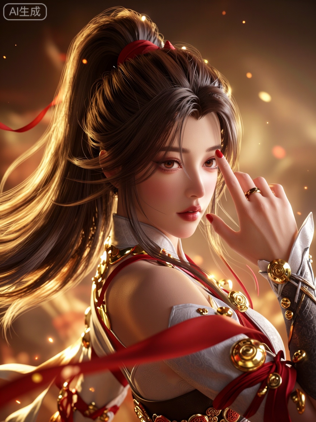 这是一位肤色白皙、五官精致的年轻亚洲女性的数字艺术作品。她留着飘逸的棕色长发,  用红丝带扎成高马尾辫。她的眼睛呈杏仁状,  呈棕色 by Sayid on Tensor.Art