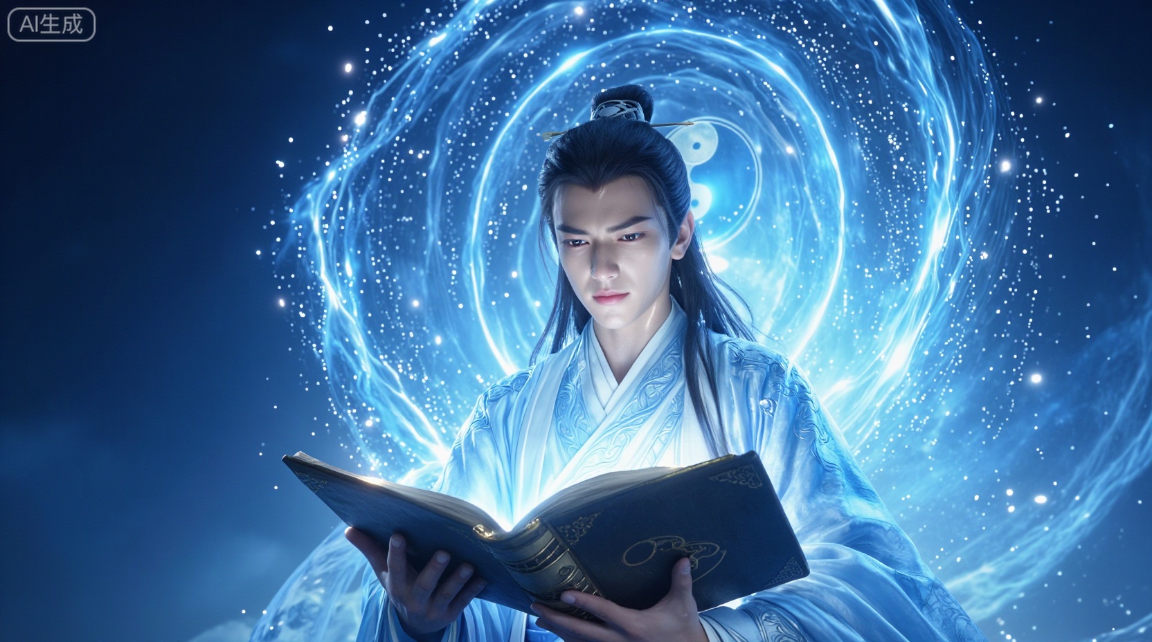 CGI,  a young handsome Taoist casting glowing blue magic spell,  a opened magic book is in front of him by shawn on Tensor...