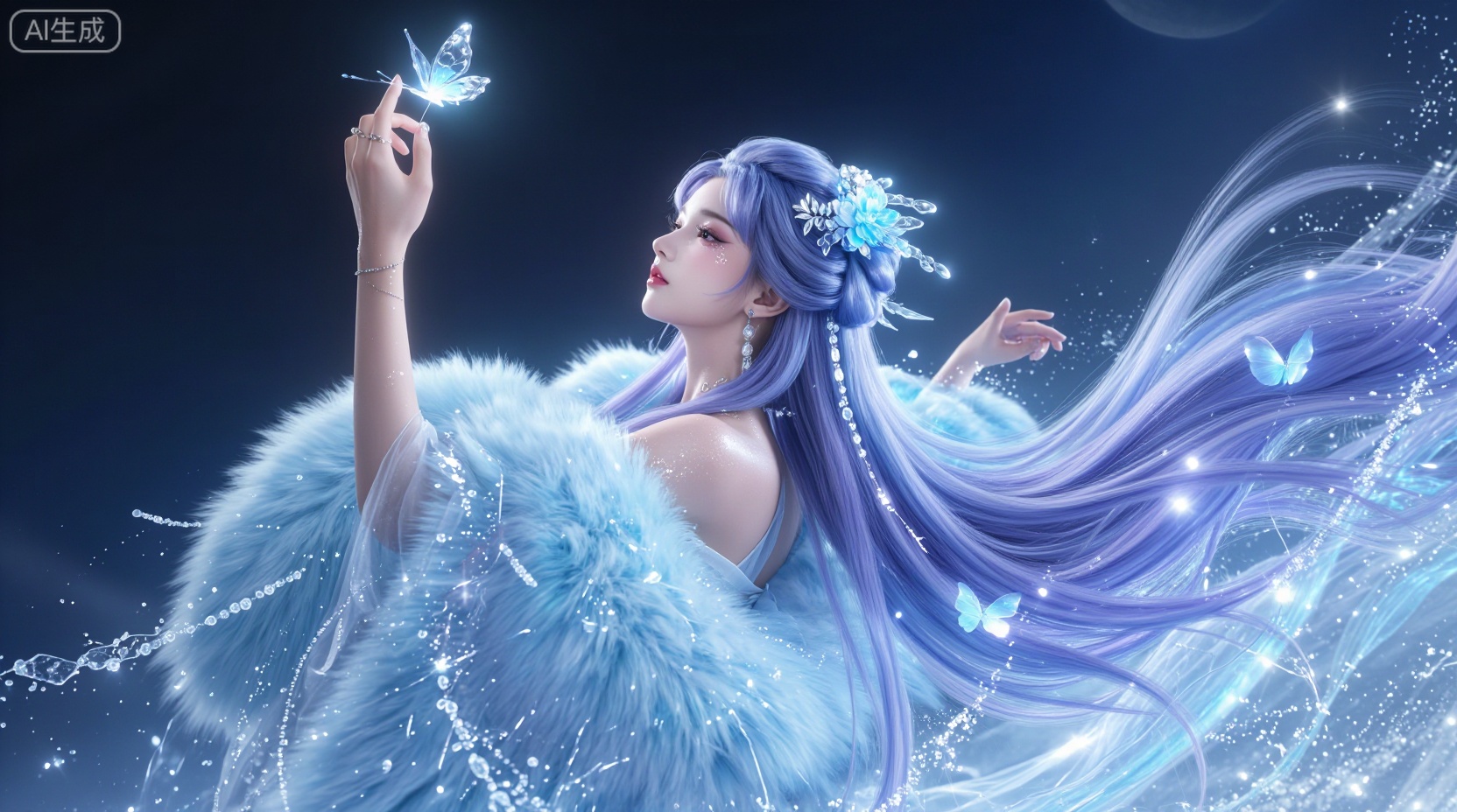 古风仙侠女性角色,  浅紫渐变长发垂肩,  发间别着冰晶发饰。动作： 她双臂微张舒展身姿 by shawn on Tensor.Art